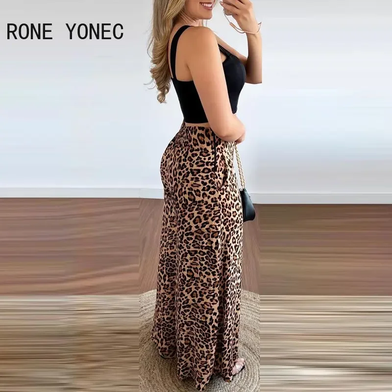 Women Chic Solid Sleeveless Thick Straps Crop Top& Leopard Pattern Bottoms Pants Sets