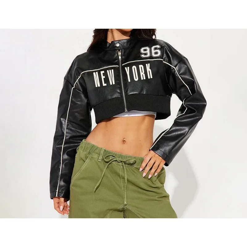 

Letter PU Patchwork Women Coats New Hipster Button Zip-up Full Sleeve Crop Jackets Trend Cool Street Outwear Spring New