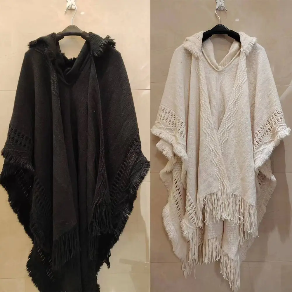 

Wedding Party Cloak Hooded Knitted Shawl Winter Warm Bohemian Ladies Tassel Cape Oblique Stripe Wraps Scarf Coat