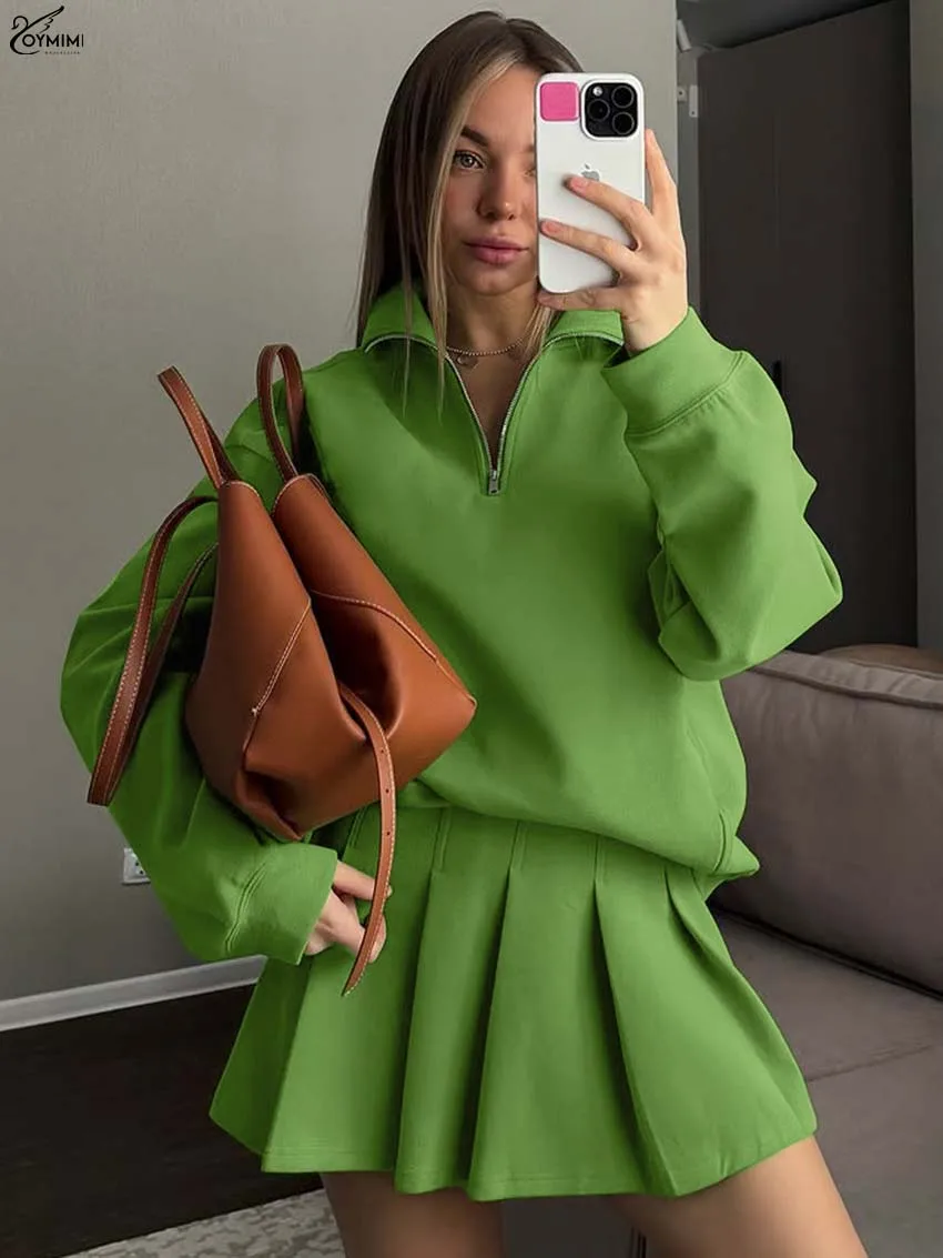 

Oymimi Fashion Green Knitting 2 Pieces Set For Woman Elegant Zipper Long Sleeve Blouses And High Waist Pleated Mini Skirts Sets