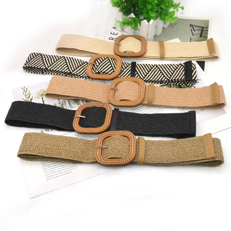 Women Braided Elastic Belt Round Square Wooden Buckle Vintage Bohe Straw Buckle Belt Summer Women Knitted Belt Dress Belt