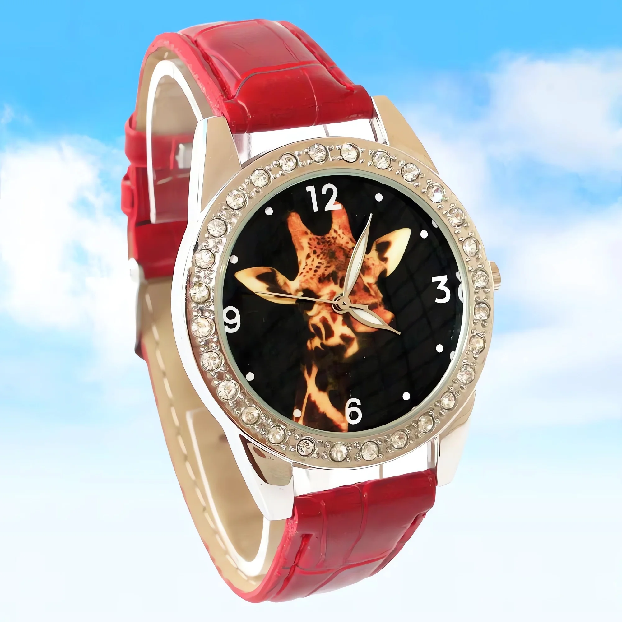Giraffe Animal round Crystal Watch for Women And Girls Black Leather Band Unique Gift for Students