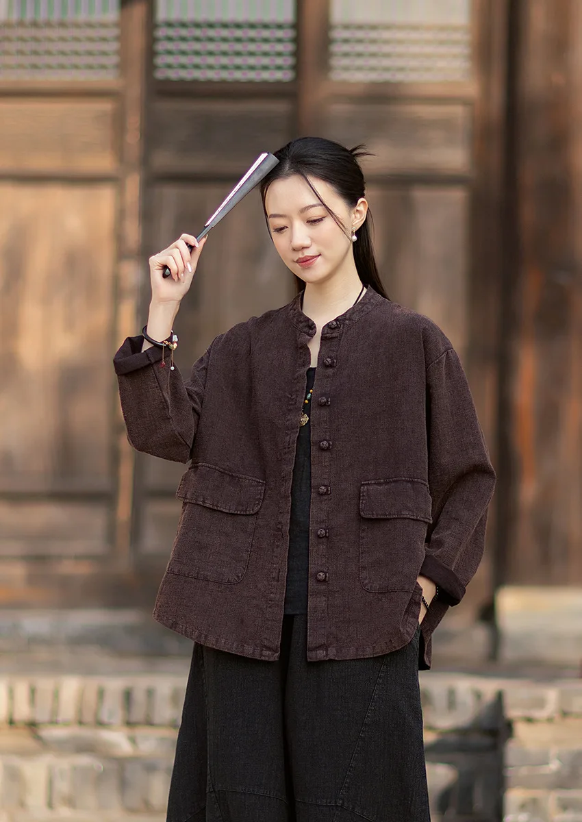 Artistic Retro Stand-Up Collar Chinese-Style Distressed Double-Breasted Button-Down Cotton-Linen Blouse/Shirt for Women