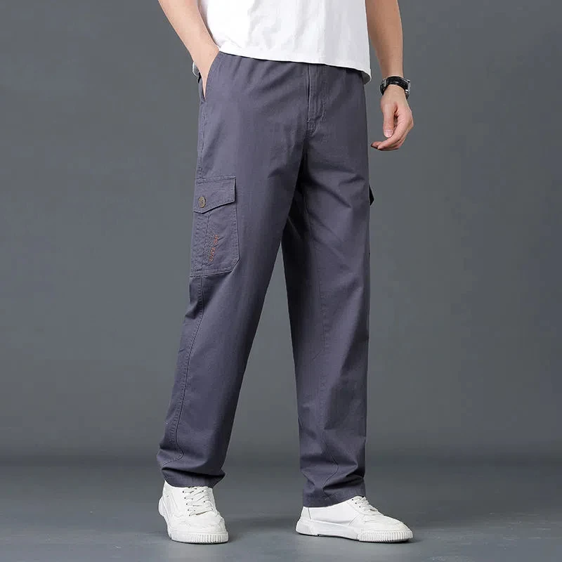 

Business Men Cargo Pants Spring Autum Solid Elastic Waist Drawstring Pockets Streetwear Fashion Loose Straight Trousers JJ569
