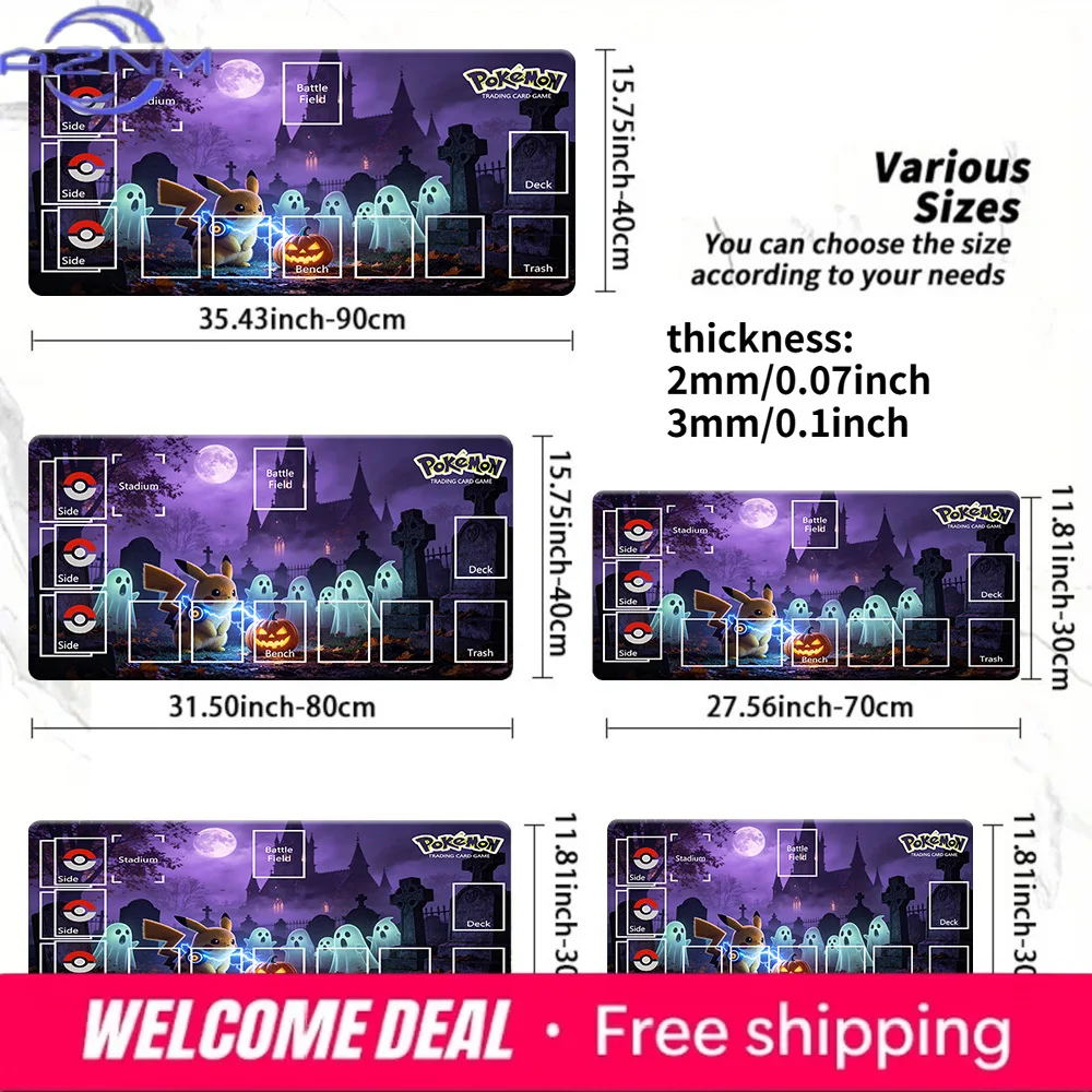 Halloween Pikachu Pokemon TCG Playmat, Large Non-Slip Gaming Mouse Pad, Multiple Sizes 2mm/3mm Thick for Card Game & Desk Use