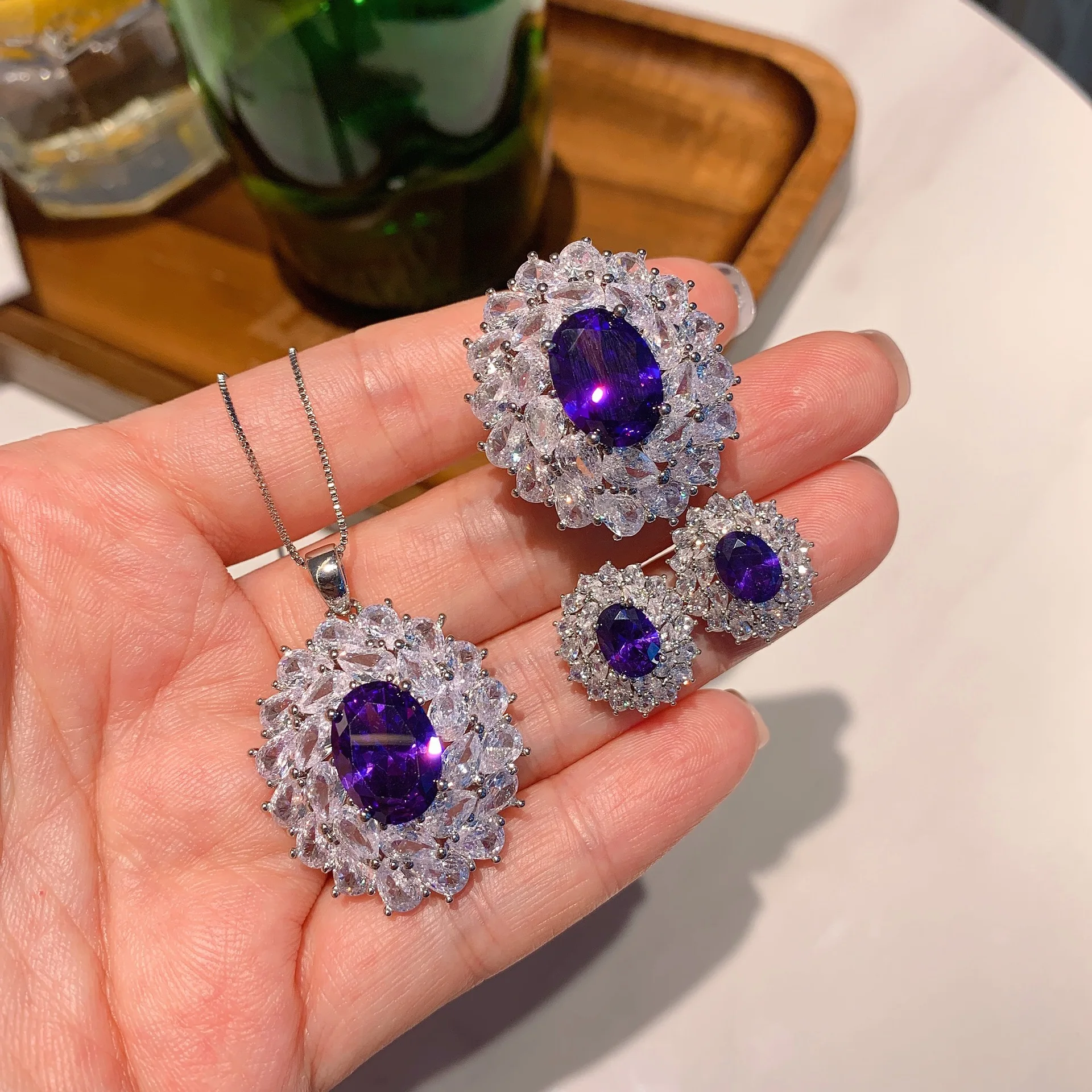 Purple Violet Zircon Jewelry Set for Women Luxury Design Ring Earring Necklace Three Pieces Fashion Party Accessory