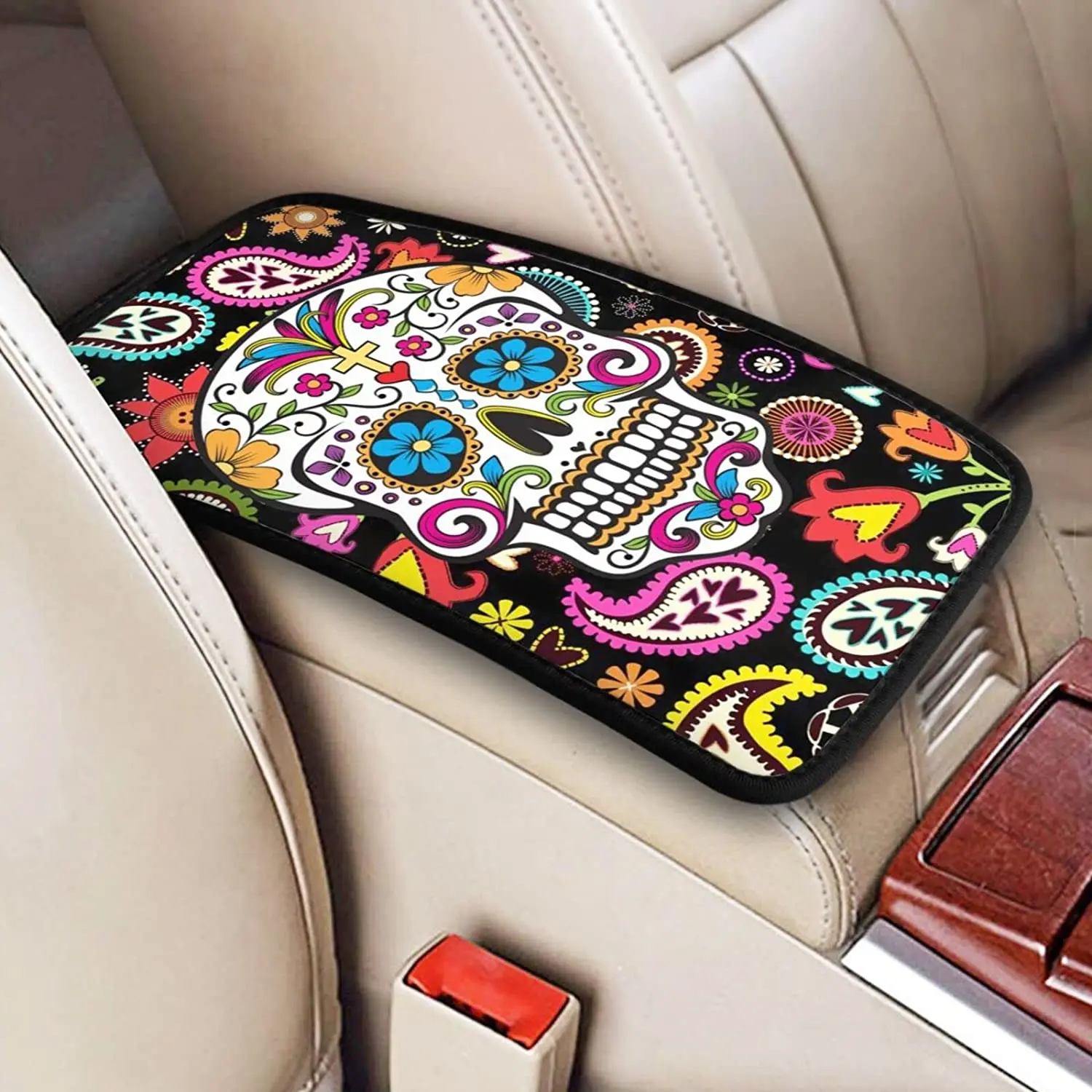 Cool Skull Flower Car Console Covers for Cars Universal Fashion Popular Auto Center Console Pad Men Boys Armrest Cover