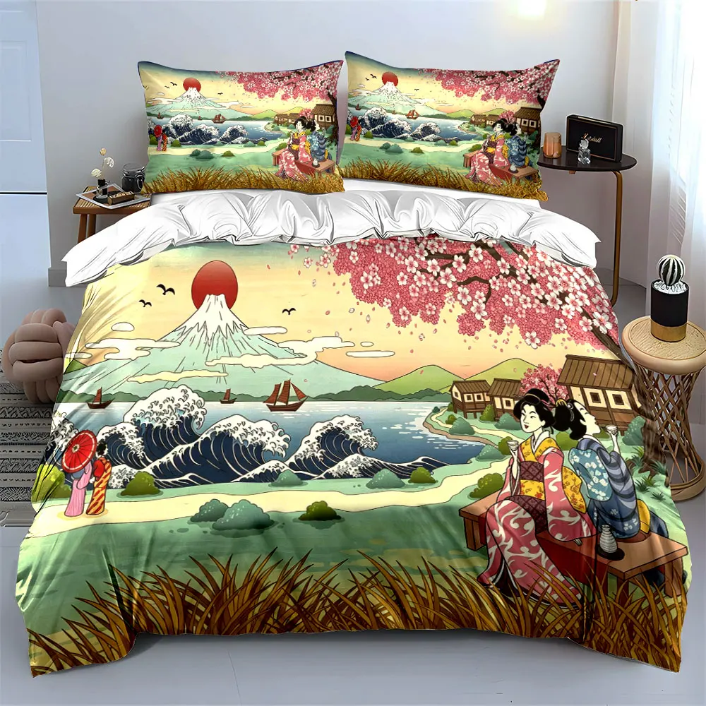 Japanese Ukiyo-e Mount Fuji Geisha Bedding Set,Cherry Blossom Ocean Wave Kimono Ladies Tea Time Print Duvet Cover Set,Room Decor