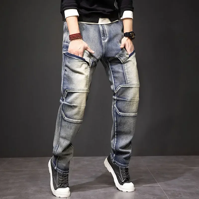 Man Cowboy Pants Motorcycle Cargo Trousers Straight Men\'s Jeans Y2k Streetwear Clothes 2000s Loose Korean Fashion High Quality