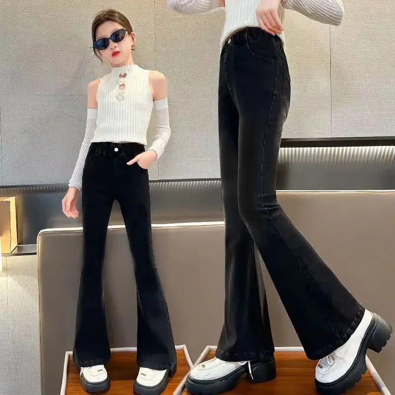 أطفال كلاسيكي خمر الأزرق متوهج الجينز للمراهقين فتاة موضة Bootcut الدنيم السراويل التوأم الطفل عادية التمهيد قطع الجينز بنطلون #4