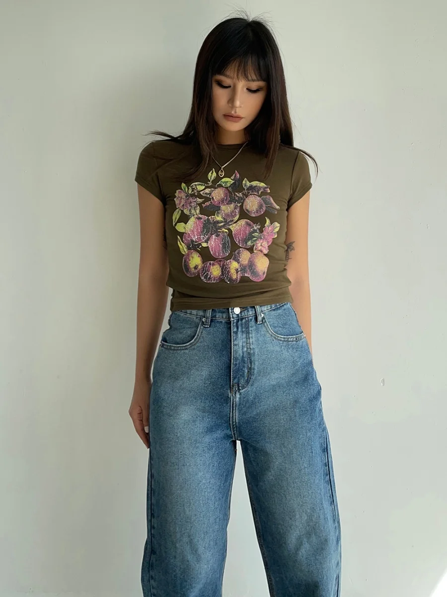 American Style Spicy Girl High Elastic Round Neck Printed Military Green Slim Short Sleeve T-shirt Top Damski Summer New WCJL