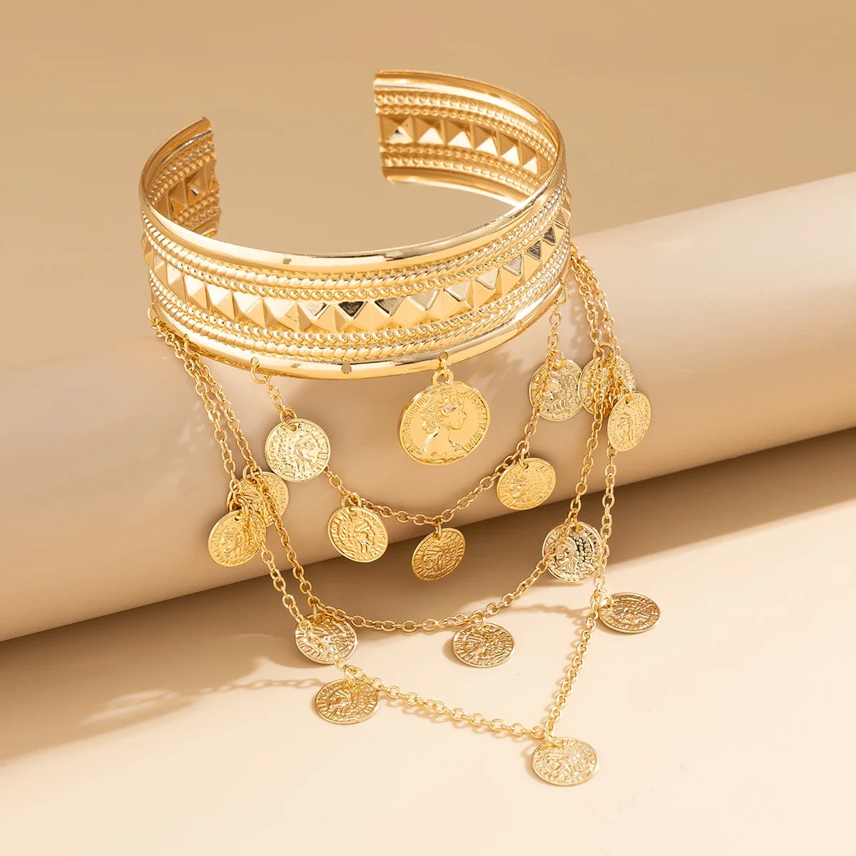 2026 Punk Multilayer Tassel Coin Pendant Upper Arm Bracelet for Women Goth Open Cuff Bangles Couple Hand Jewelry Gift New