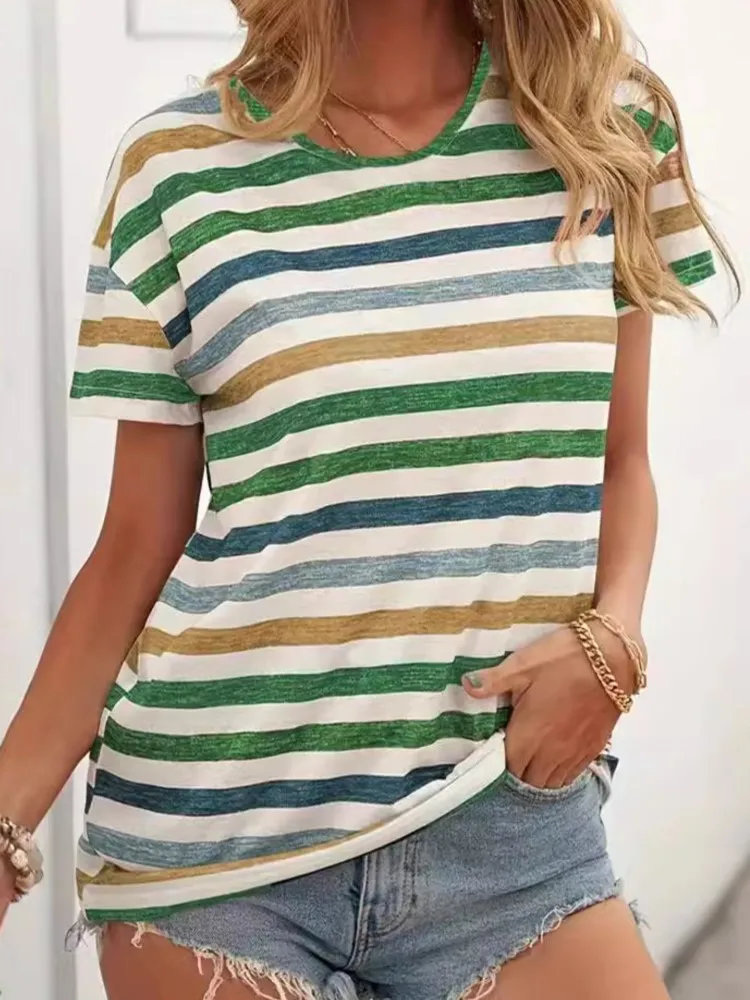 

2024 T Shirts Spring New Striped Printing Vintage Casual Loose Daily Commuting Tees Short Sleeve O-neck Women's Pullover Tops