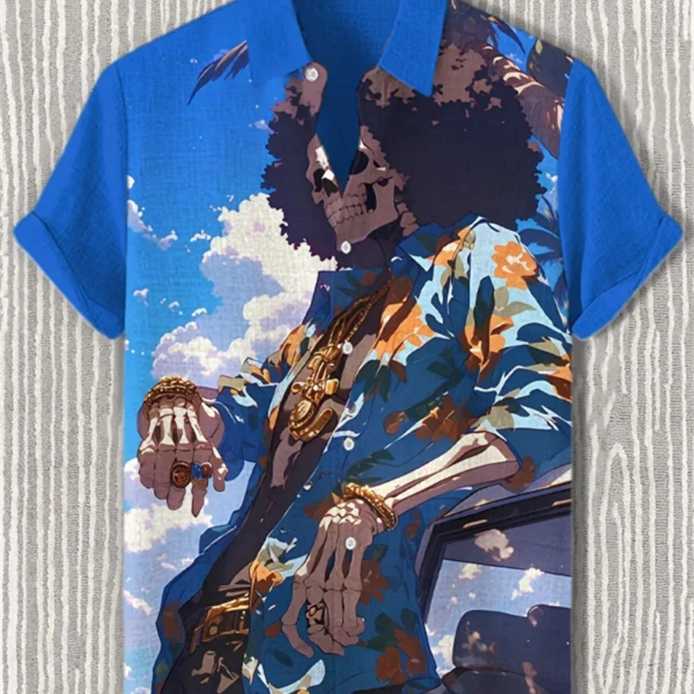 

Men's plus Size Linen Shirt Short Sleeve Button up Collar Skull Print Street Trend Retro Hippie Breathable Fast Shipping