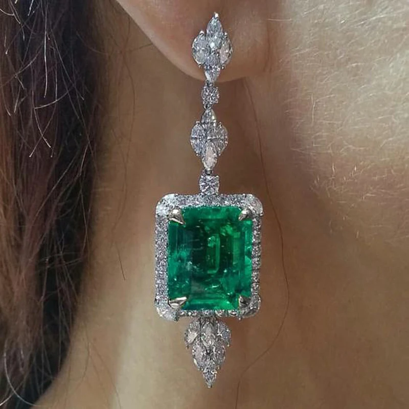 Huitan Gorgeous Square Green Cubic Zirconia Hanging Earrings for Women Newly Designed Bridal Wedding Accessories Luxury Jewelry