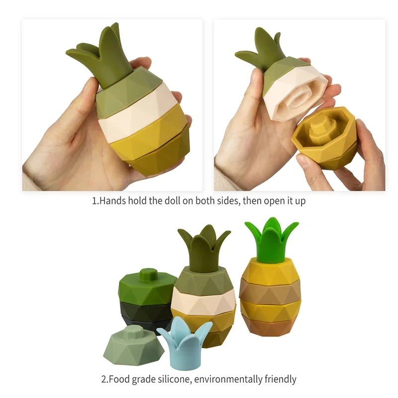 Kid Montessory Pineapple Building Blocks Silicone Stacking Toy Baby Early Education Color Cognitive Blocks Toy Fruit Teether