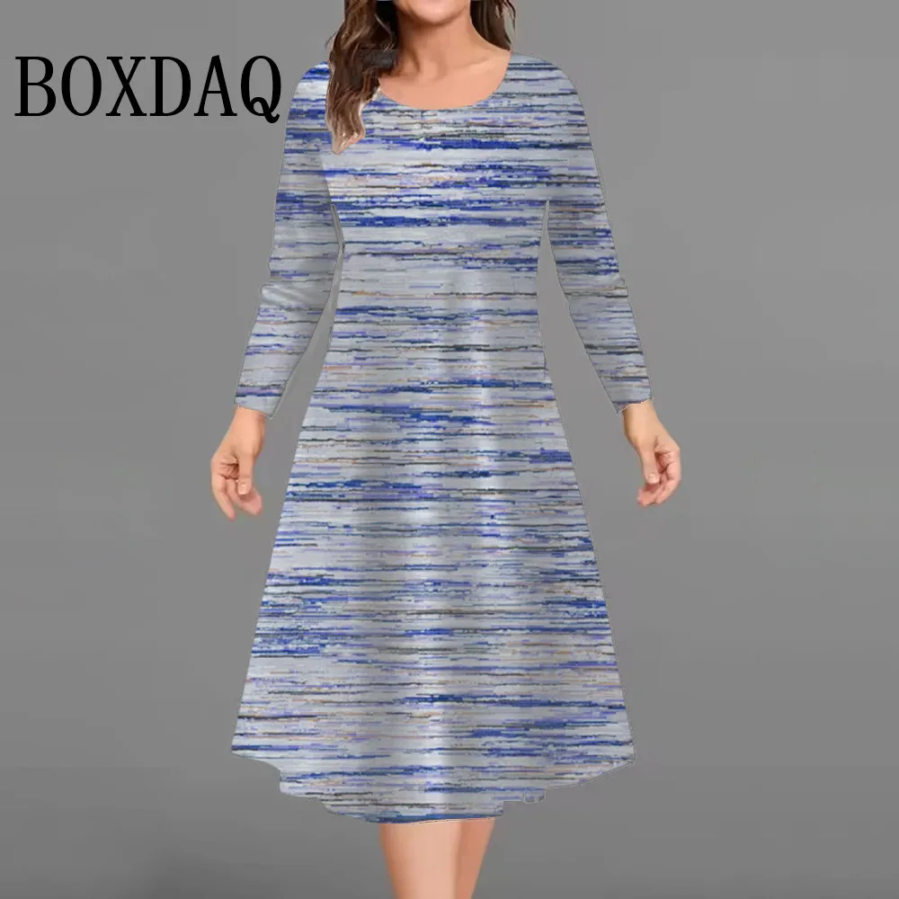 Jesienne Retro Sukienki z Długim Rękawem Damskie Sukienki Tie Dye w Paski z Nadrukiem Codzienna Sukienka z Okrągłym Dekoltem Luźna Mini Sukienka Plus Size 9XL