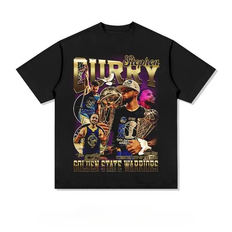 Camiseta de baloncesto Stephen Curry para hombre y mujer, de algodón, de manga corta, con estampado de trofeo de campeonato, camiseta coleccionable premium