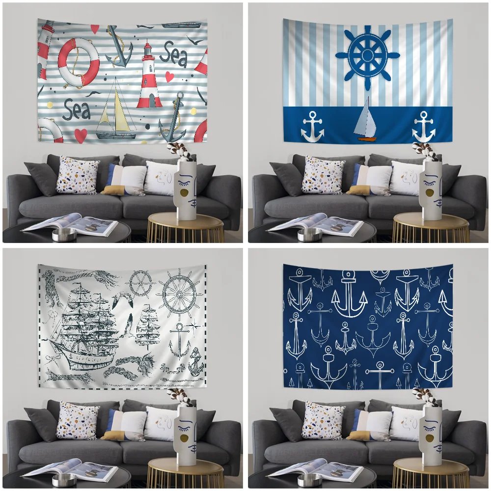 

Dark Blue Stripes Anchor Hippie Wall Hanging Tapestries Bohemian Wall Tapestries Mandala INS Home Decor