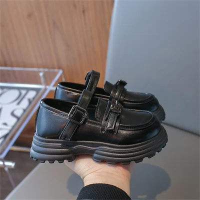 Girls Black/dark Brown Non-slip Round Toe Leather Shoes, Girls 2024 Spring and Autumn PU Casual Leather Shoes, Size 26-36