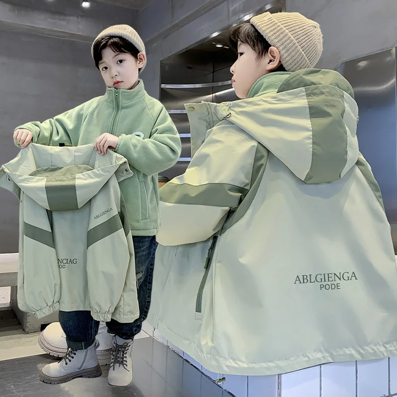 

Adorable Boys' Winter Jacket Three-in-One Detachable Cotton Coat Stylish Youthful Thickened Polyester Fiber Zipper Closure Pu...