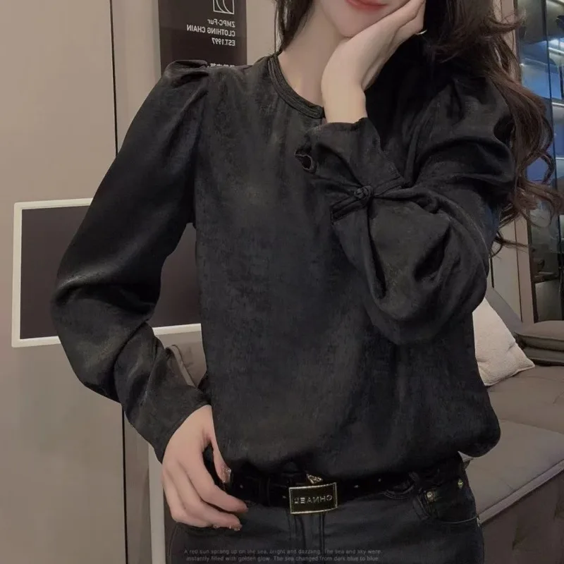 

Ретро новая рубашка с длинными рукавами и круглым вырезом, осенне-зимний топ, модный утягивающий низ, темперамент