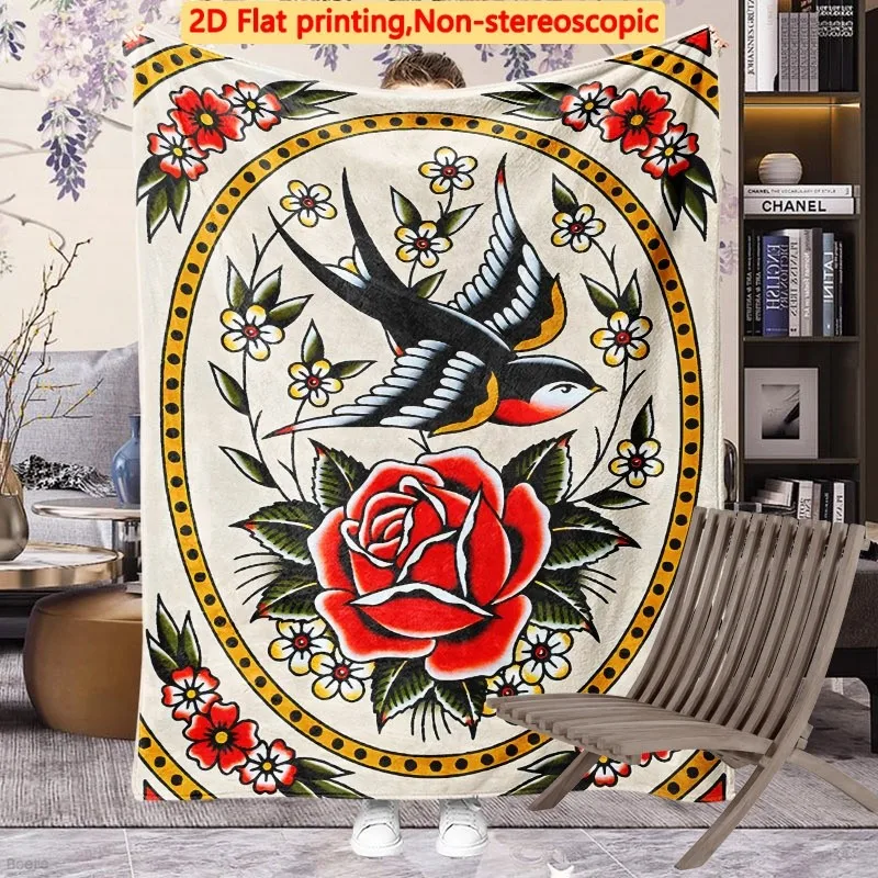 Vintage Rose Swallow Tattoo Flannel Throw Blanket Classic Floral Art Soft Warm Blanket for Couch Bed Home Decor Gift Ideas Now
