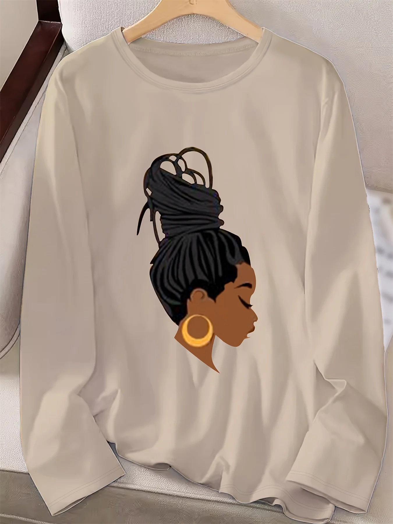 تي شيرت نسائي للربيع والخريف 100% قطن كاجوال فضفاض بنمط صورة مطبوع برقبة دائرية وأكمام طويلة