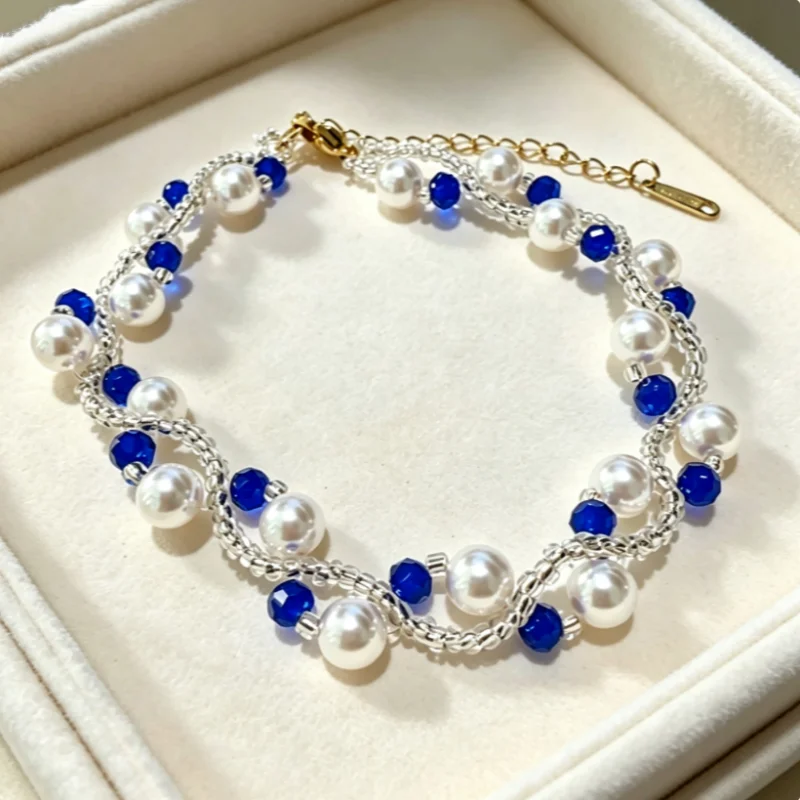 Purely Handmade Beaded Necklace and Bracelet, with Pearls and Crystals Interspersed and Adorned with Dangling Blue Water Drop Hearts