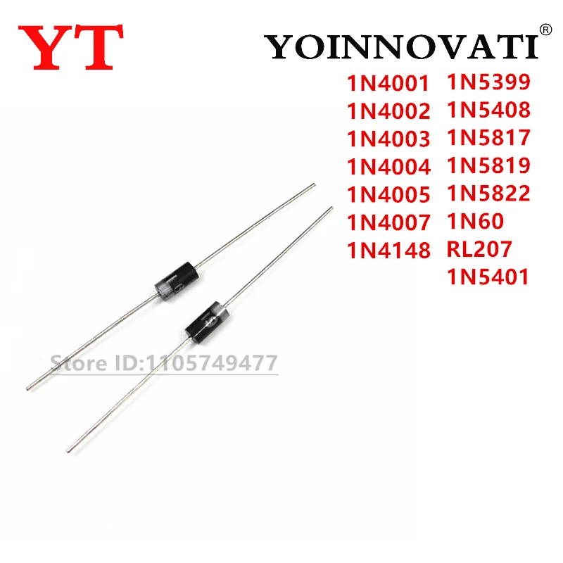 100PCS New and Original 1N4001 1N4002 1N4003 1N4004 1N4005 1N4007 1N4148 1N5399 1N5408 1N5817 1N5819 1N5822 1N60 RL207 1N5401