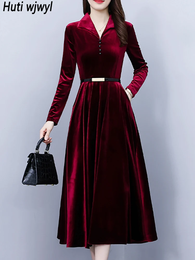 2024 Velvet Long Sleeve Midi Dress Women Korean Fashion Office Lady Dress Autumn Winter Thick Warm Elegant Bodycon Party Vestido