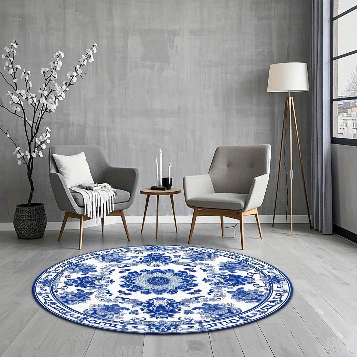 Large Round Blue and White Area Rug Mediterranean Delft Style Vintage Pattern Mat for Living Room Home Decor Foyer Hallway Area