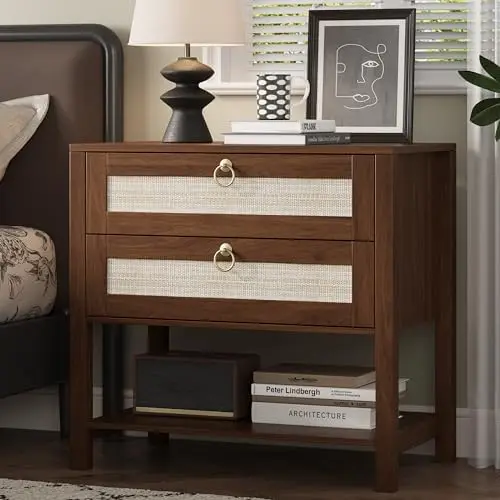 Rattan Nightstand with 2 Drawers and Open Shelf, 27