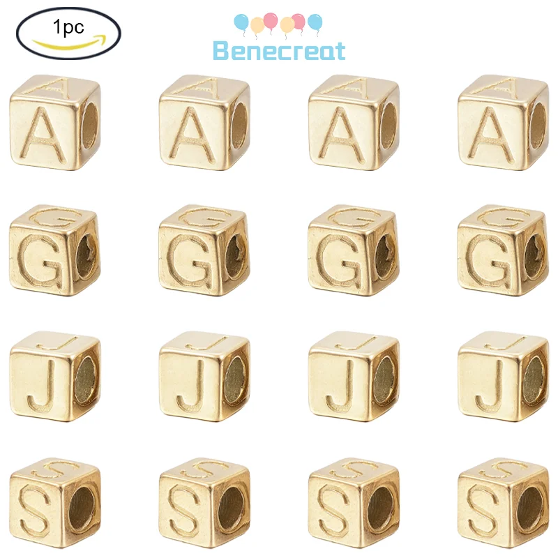 1PC 304 Stainless Steel Large Hole Letter European Beads Horizontal Hole Cube with Letter Golden 8x8x8mm for Jewelry Making DIY