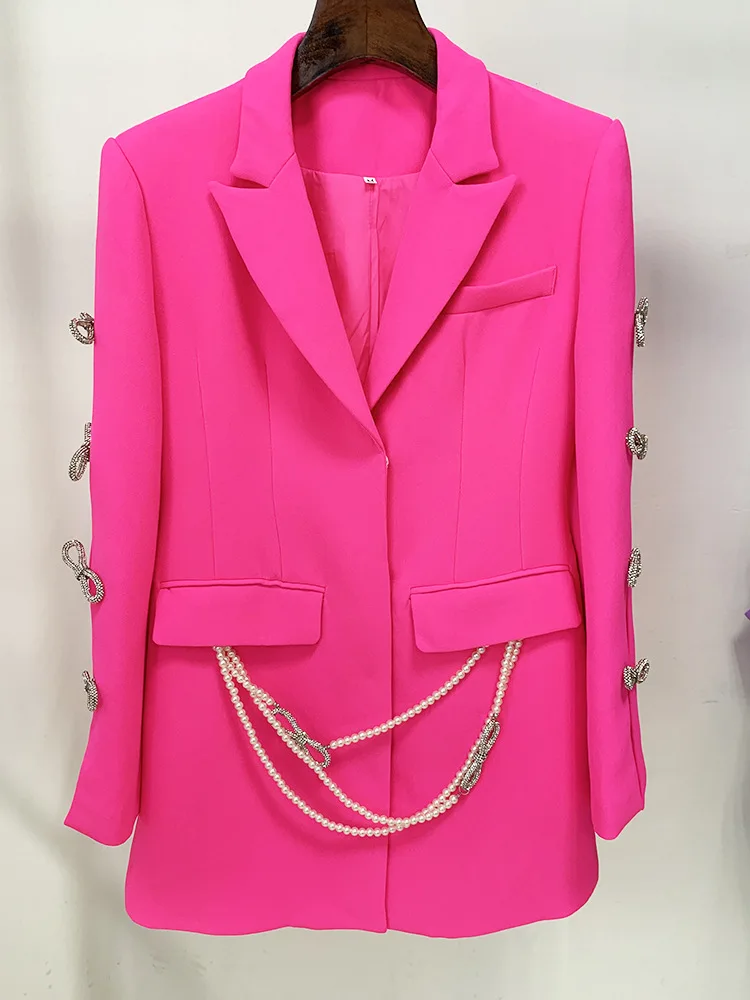 Blazer Dress Hot Pink Violet New Designer Long Sleeves Hollow Out with Diamond Bow Tie Pearl Sleeve Suit Party Dress Outfits