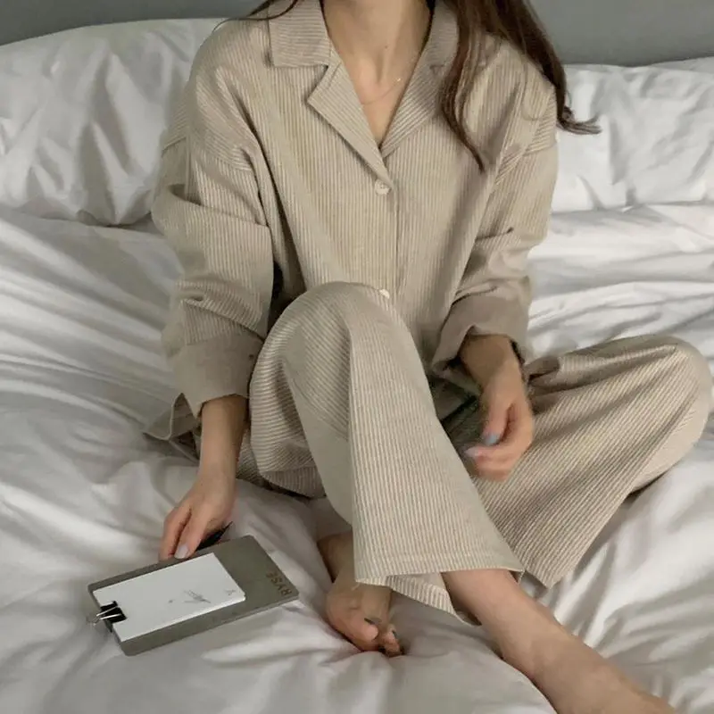 Striped Sleepwear Women Pajama Sets Korean Piiama Casual Night Wears Autumn Pants Sets 2 Pieces Button Long Sleeve Home Suit New