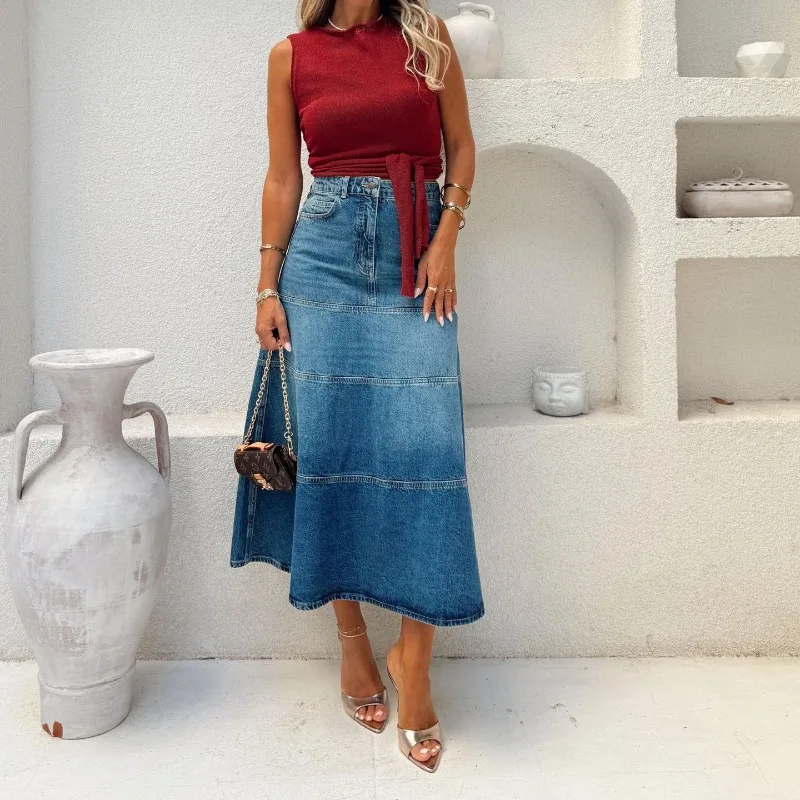 2026 Fashion Denim Skirt Women's Vintage Jean Maxi Skirts Spring Autumn High-waist Streetwear Lady Casual Big-hem A-line Skirts