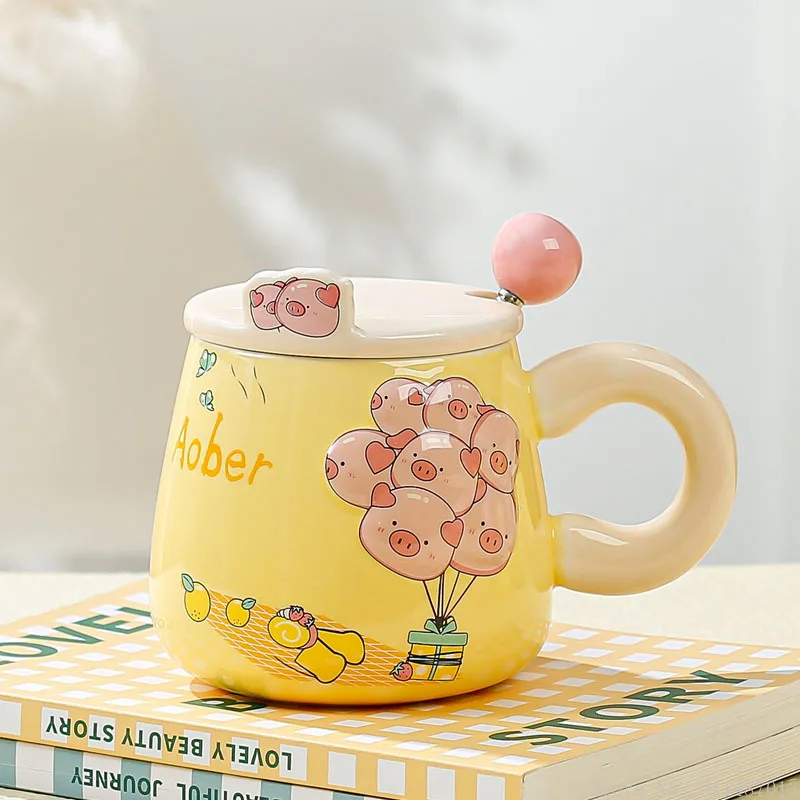 1pc Creative Spoon With Lid Mug Gift Home Breakfast Afternoon Tea Cute Cartoon Balloon Pattern Pink/Yellow/Green Coffee Milk Cup