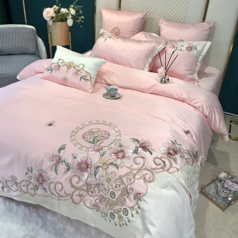 

Комплекты постельного белья с цветочной вышивкой, роскошный розовый атласный хлопковый пододеяльник/пододеяльник, простыня на плоской или подошве, наволочки, домашний текстиль