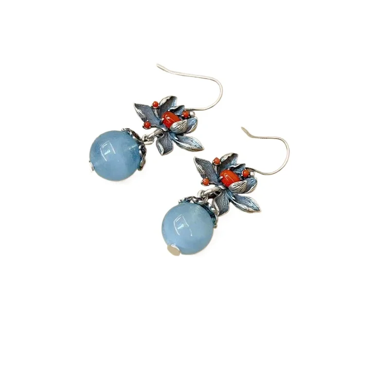 

Ethnic 925 Sterling Silver South Red Agate Aquamarine Bead Drop Earrings Vintage Handmade Lotus Flower Small Earrings