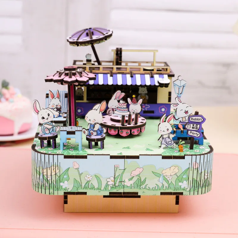 

DIY 3D деревянный кролик музыкальная шкатулка на день рождения миниатюрные модели наборы головоломки могут перемещать для друзей подарки украшение дома