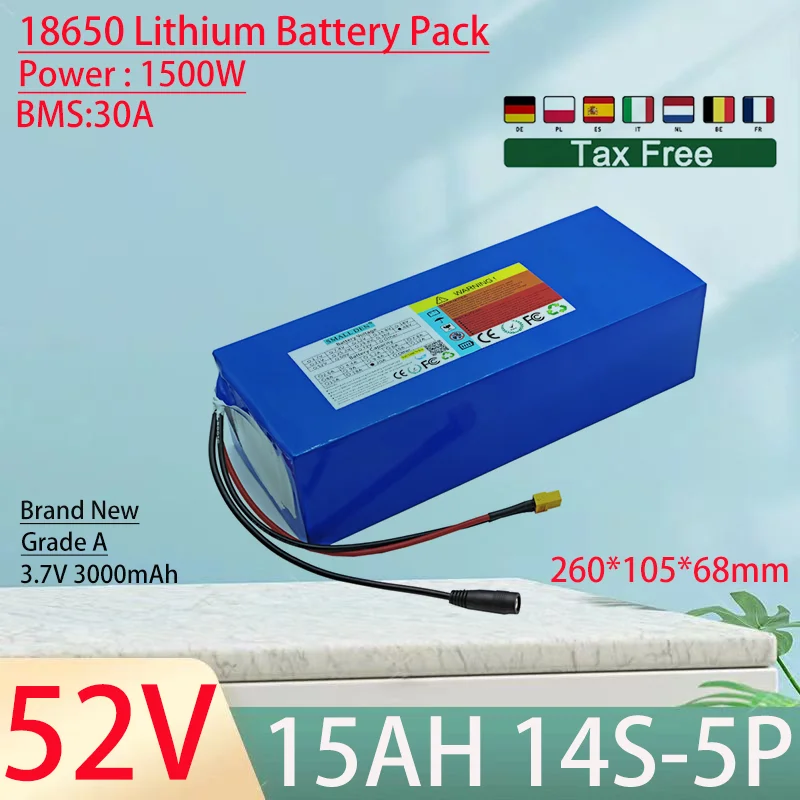 

52V 15Ah 18650 14S5P Lithium Ion Battery Pack 1500W Power Tool Batteries Outdoor Backup Batteries With 30A BMS+58.8V 5A charger