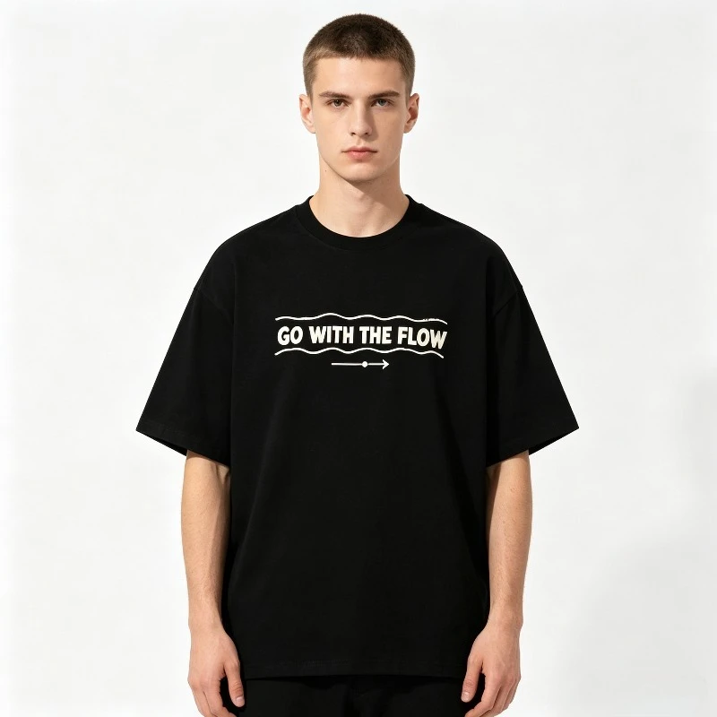 Men Go With The Flow Slogan T-Shirt Wave Arrow Camping Fishing SUP Skate Rock Short Sleeve White Black Casual Tee