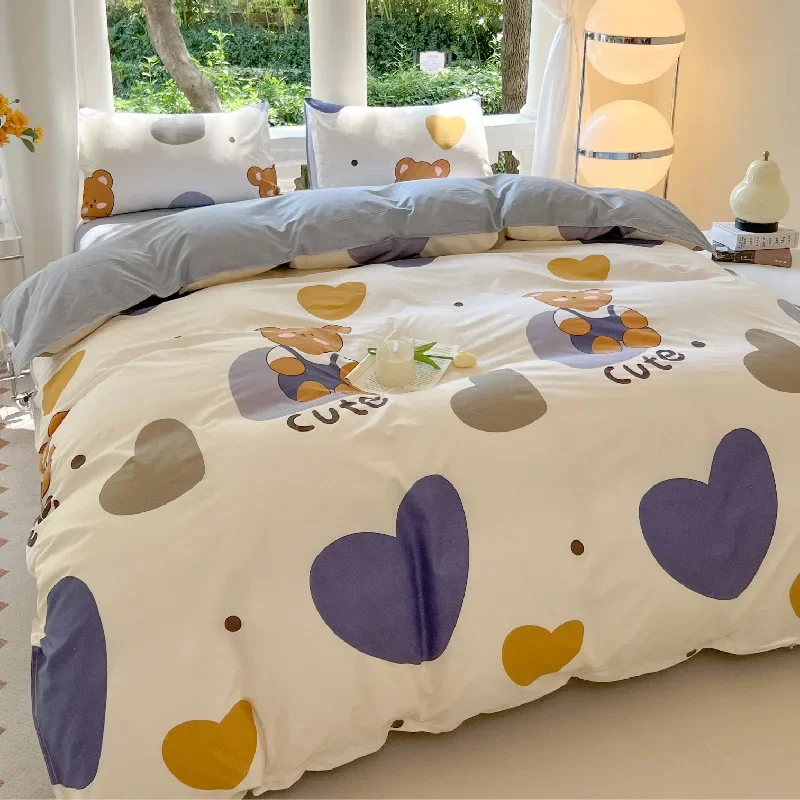 Set letto stampato orso Kawaii Copripiumino floreale Set biancheria da letto federa Set biancheria da letto per cani carino Copripiumino Completo