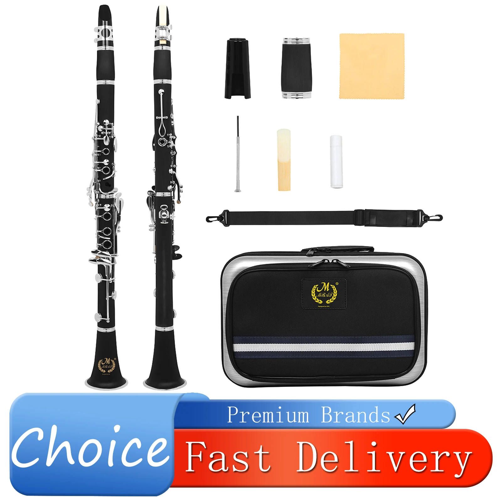 M MBAT LDC850 Bb Clarinet 17 Keys Ebony Clarinet Nickel Plated Keys Clarinet with Double Barrel Hard EVA Case Accessories