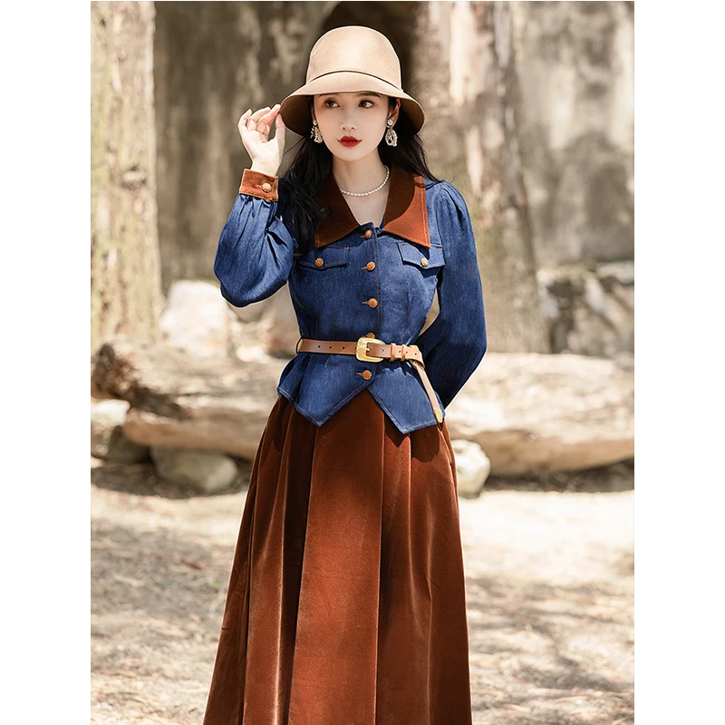 Two-Piece Matching Sets for Women, Velvet Skirt and Denim Jackets Coats, Cropped Top Suit, Casual Suits Outfits, Spring Fall