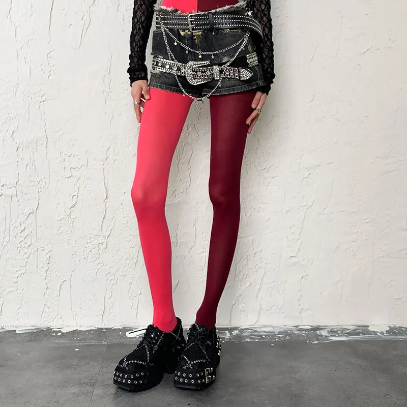 Women's Purple Pink Color Block Tights High Waist Stretch Pantyhose Asymmetric Y2K Punk Stockings for Festival Party Club Outfit