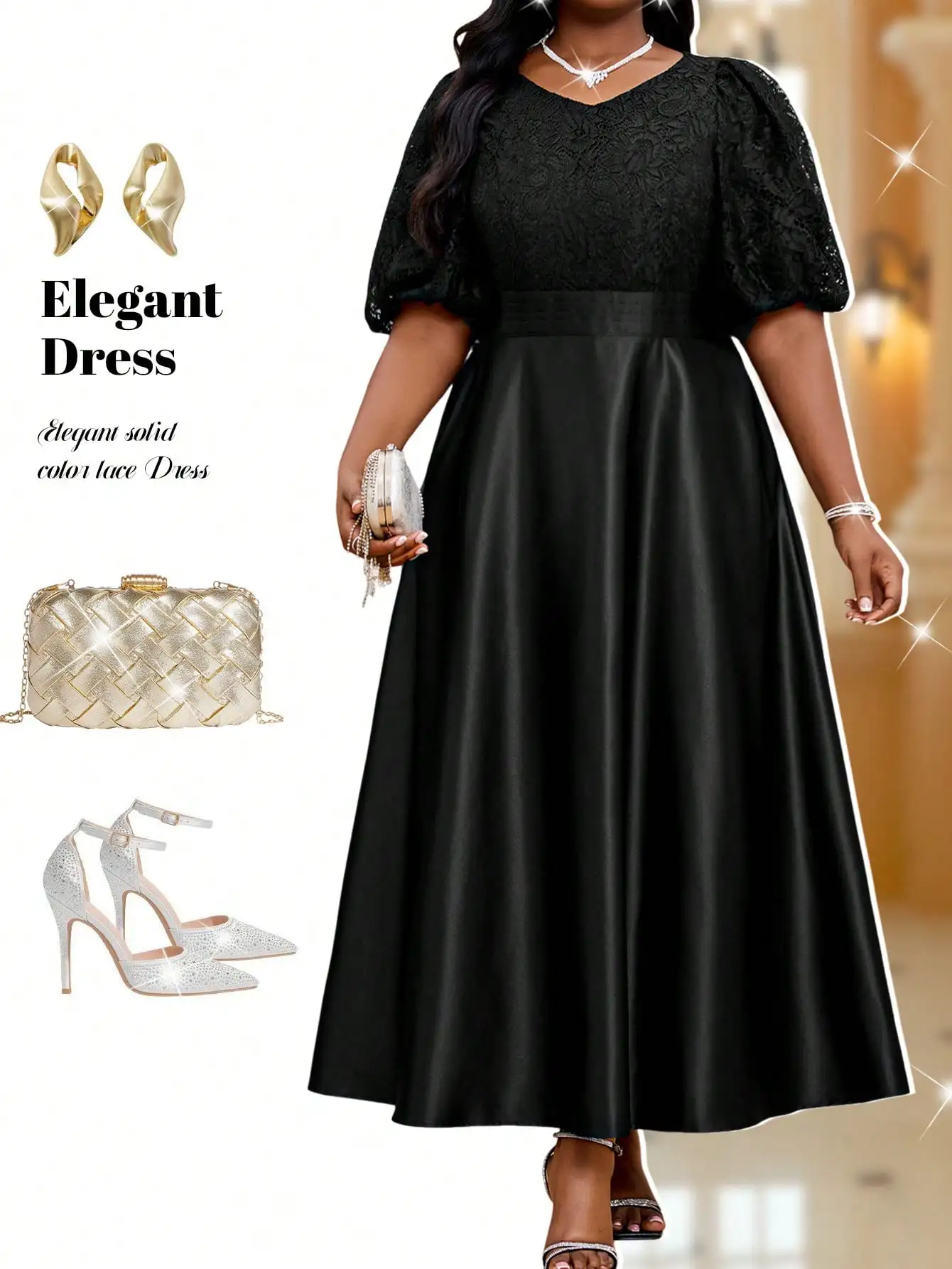 

Elegant Black Lace Plus Size Evening Dress with Puff Sleeves & Satin Skirt for Wedding Guest, Party, Formal Events