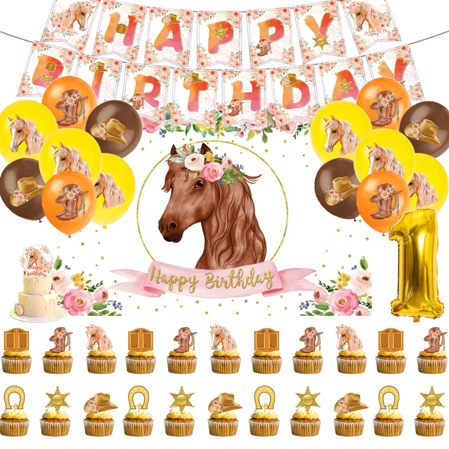 

Cowboy Racing Wild Horse Theme Girl Boy Birthday Party Flag Pulling Cake Balloon Decoration Background Prop Gift Number Balloons