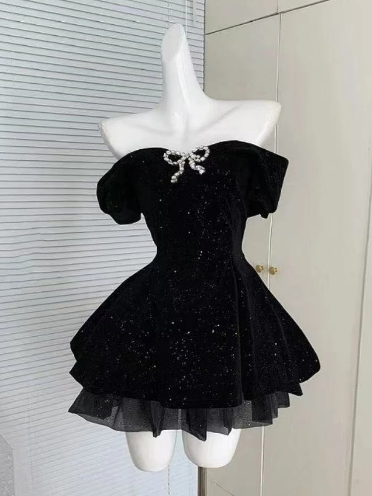 2026 Autumn Vintage Elegant Y2K Velvet Off Shoulder Dress Bow Bodycon Mini A-line Women Evening Party Subculture Lolita New